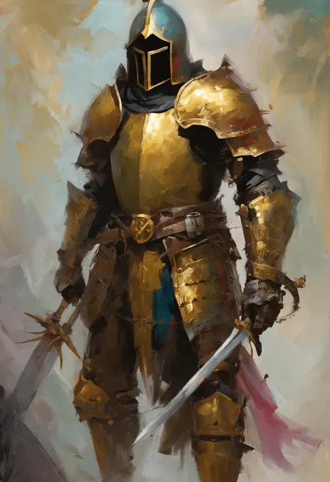 Um homem com uma armadura dourada robusta e pesada com detalhes em dourados, holding a large sword in combat position, with a black Templar helmet with gold details.