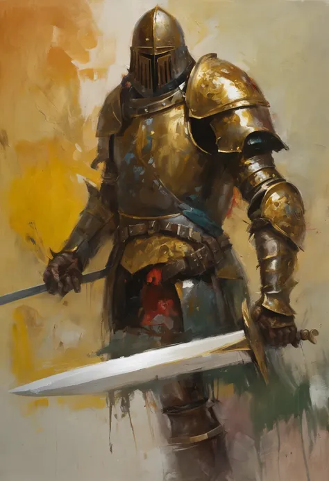 Um homem com uma armadura dourada robusta e pesada com detalhes em dourados, holding a large sword in combat position, with a black Templar helmet with gold details.