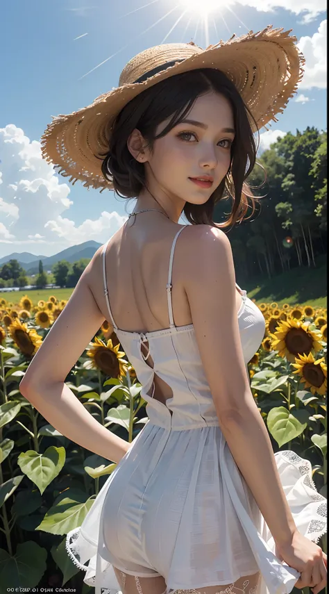 Unbeatable masterpiece, Ultra photo realsisim, Perfect artwork, Intricate details, Best quality, Strong light,High contrast,  Sunflower field , cute kawaii girls ,(Sweat:0.5) , arms back behind , White knee-length camisole dress , Straw hat , Smile,Strong ...