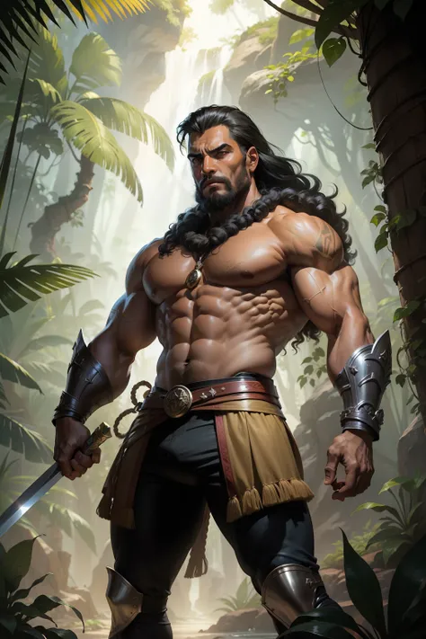 Arte detalhista estilo John Buscema,1homem,barbaro,cabelos longos negros,olhos sombrios,manly,pele branca,usando vestimenta celta,Standing with a long sword in his hands in a jungle full of dangers.