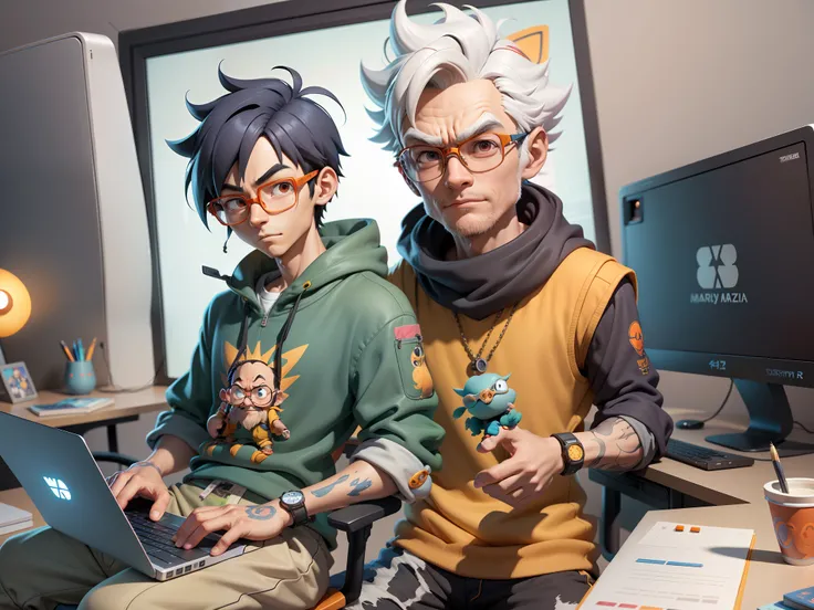 A young man with glasses sits at his desk，holding laptop，digitial painting，3D character design by Mark Clairen and Pixar and Hayao Miyazaki and Akira Toriyama，4K HD illustration，Very detailed facial features and cartoon-style visuals。