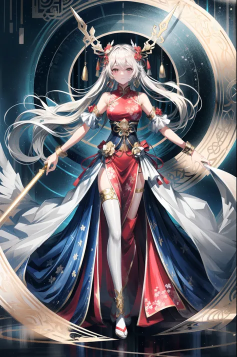 A masterpiece of the Buddhist Bodhisattva Avalokiteshvara，Super long white hair，long hair flowing，Exquisite jewelry，Delicate bracelet，Delicate hair accessories，The feeling of being high，The aperture is behind it，bodhisattva，Fairy air fluttering，Holding var...