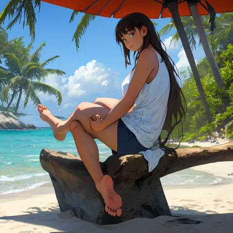 Barefoot girl sitting on the beach