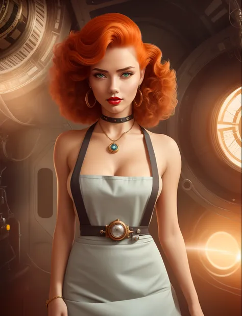 Deliberate photo of mature woman standing, (freckles:0.7), solo, jewelry, earrings, green eyes, looking at viewer, makeup, curly hair, lipstick, red hair, red lips, (steam punk style:1.2), retro style, fantasy, realistic, closeup, ([Adriana Lima | Magan Fo...