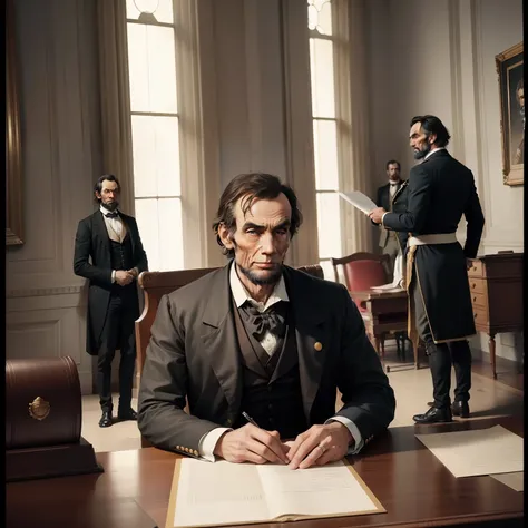 Wide angle shot of united state parliament at 1860s, american senators, (8k, RAW photo, best quality, masterpiece:1.2), ultra detailed, official art, photo-realistic:1.37, upper body shot, Abraham Lincoln is abolishing slavery through the Emancipation Proc...