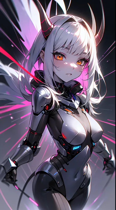 ((full body)),oni, demon girl, intricate circuitry on face, jagged horns, silver hair with pulsating lights, cybernetic, metallic ((chrome skin)), virtual realm nexus, coding realities, mastering the digital realm, detailed face, codeblade, holographic arm...