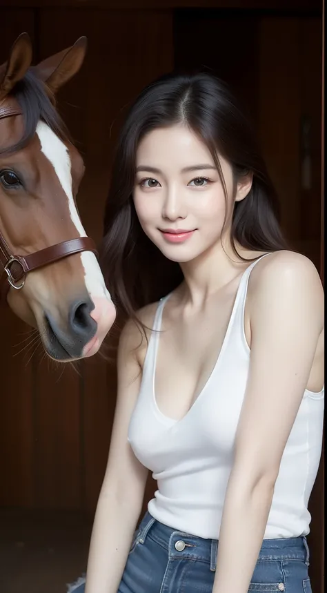 realistic photos of 1 cute Korean star, hair between eyes, white skin, thin makeup, 32 inch breasts size, slightly smile, v-neck tank top, jeans, riding horse, upper body  portrait, UHD