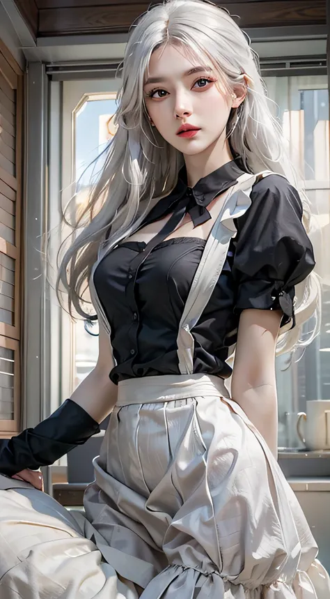 Photorealistic, High resolution, 1womanl, Solo, hips up high, view the viewer, (Detailed face), White hair, Long hair,（ maid clothes, Simple clothing）、（off shoulders）