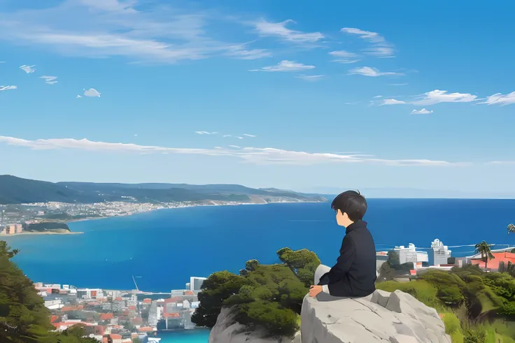 there is a boy sitting on a rock overlooking a city, overlooking the ocean, chill time. good view, looking at the ocean, nice view, sitting cutely on a mountain, looking over city, walking on top of a tiny city, views to the ocean, on a rock, on a cliff, w...