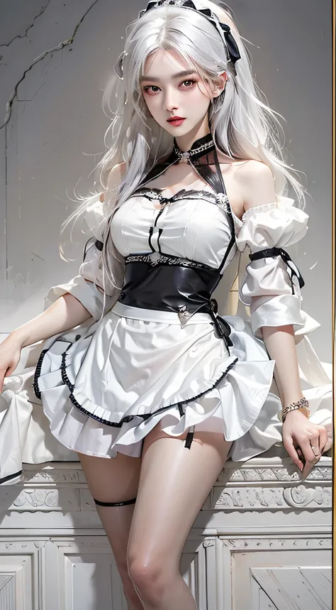 Photorealistic, High resolution, 1womanl, Solo, hips up high, view the viewer, (Detailed face), White hair, Long hair, maid clothes, Jewelry、Simple clothing、Off-shoulder front opening