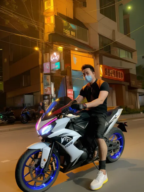 arafed man sitting on a motorcycle on a city street, dang my linh, profile picture 1024px, hoang long ly, by Dan Content, taken in 2 0 2 0, at nighttime, sitting on cyberpunk motorbike, in style of lam manh, thawan duchanee, damien tran, taken with sony al...