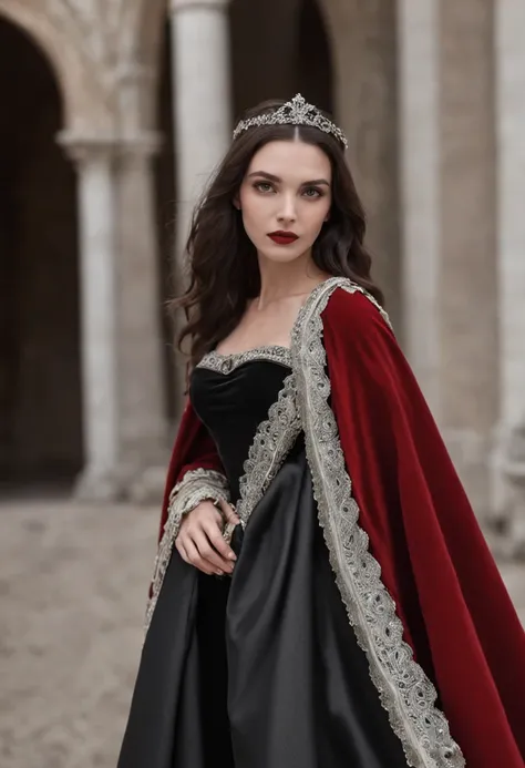 Arad woman in black and white dress and red cape, wearing a noblewomans outfit, wearing a luxurious royal cloak, wearing dramatic aristocrat robe, Wearing a luxurious silk cloak, wearing a luxurious cloak, Inspired by George De La Tour, dressed in medieval...