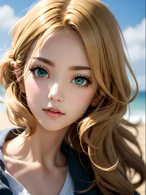 2.5D, 1 Lady,  facial close-up, (((1 Lady:1.37, Solo))), (((Extreme close-up of the face))), (Beautiful face, Cute face, Detailed face,),  BREAK, ((( Golden hair, Semi-long hair, Hair pulled back, Wavy Hair))), (((Detailed beautiful green eyes,))), BREAK, ...