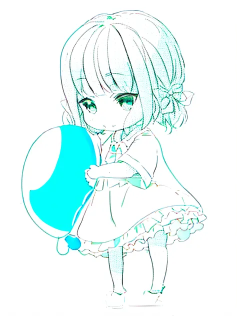 A girl holds a painting of a large apple, small curvaceous loli, small loli girl, clean anime outlines, loli in dress, clean lineart, linear art, Line art!!, holding balloons, thick lineart, chibi girl, thick black lineart, Chibi anime girl, extremely fine...