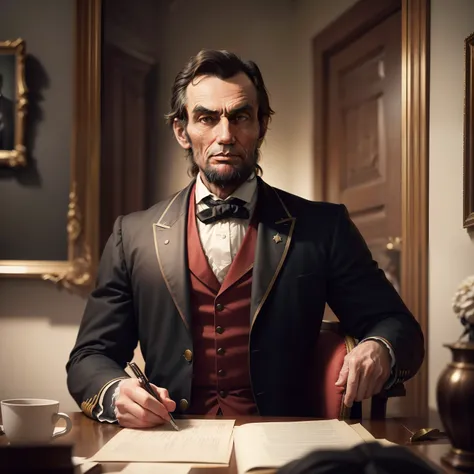 Wide angle shot of united state parliament,s scene at 1860s, american senators, (8k, RAW photo, best quality, masterpiece:1.2), ultra detailed, official art, photo-realistic:1.37, upper body shot, Abraham Lincoln is talking against slavery through the Eman...