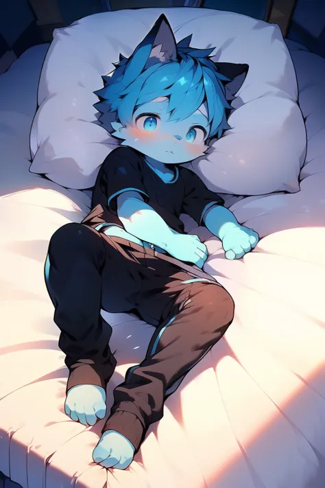 4k, (Masterpiece:1), Little boy with blue colored hair and shiny, glowing cyan eyes and barefoot, cinematic, young, boy, child, small, toddler, tiny feet, focus on feet, feet, blushing, (Young:1.4), (Child:1.4), (Shota:1.4), (male:1.4), (boy:1.4), (cinemat...