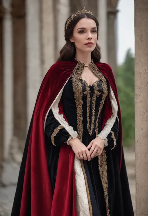 Arad woman in black and white dress and red cape, wearing a noblewomans outfit, wearing a luxurious royal cloak, wearing dramatic aristocrat robe, Wearing a luxurious silk cloak, wearing a luxurious cloak, Inspired by George De La Tour, dressed in medieval...