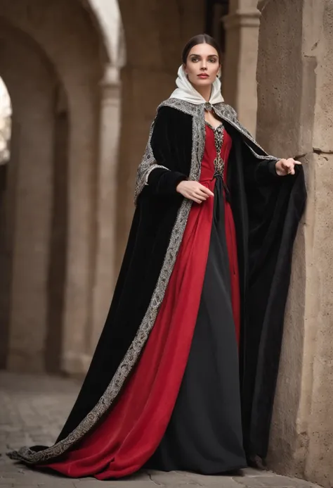 Arad woman in black and white dress and red cape, wearing a noblewomans outfit, wearing a luxurious royal cloak, wearing dramatic aristocrat robe, Wearing a luxurious silk cloak, wearing a luxurious cloak, Inspired by George De La Tour, dressed in medieval...