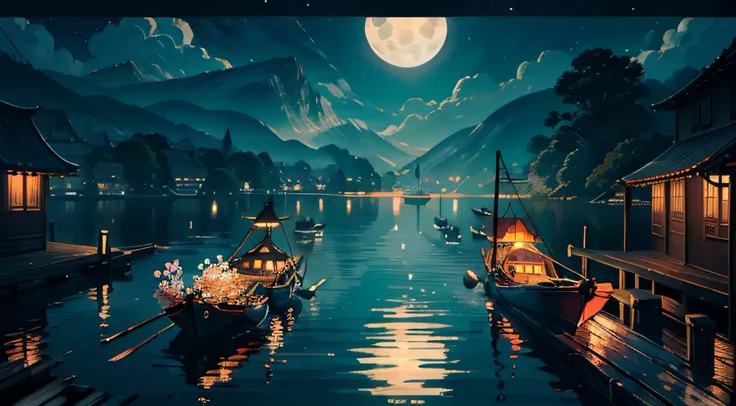 Real photo, Dragon boat on the river on the Mid-Autumn Festival night with the bright moon and bright galaxy on the horizon, the scene with boats and flower lights floating on the river creates a fantastic, detail, contemporary art, colorful, anime style w...