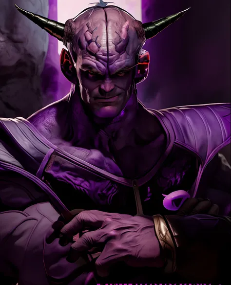 jim carrey cast as a purple bald alien with purple skin and big black horns, big bald veiny brain, sayan armor