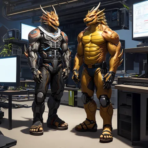 Mechanized golden dragon man，Wear a white skirt and sandals，Stand next to the computer to charge。high-definition image，Rich and realistic in detail，high qulity。extremaly detailed cg。