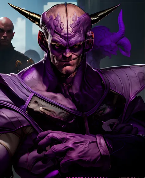 jim carrey cast as a purple bald alien with purple skin and big black horns, big bald veiny brain, sayan armor