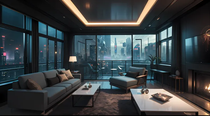 （（tmasterpiece）），（hyper-detailing），（Complicated details），（High resolution CGI artwork 8k），A futuristic cyberpunk living room。Large windows for balcony floor-to-ceiling windows，Busy and colorful、Detailed cyberpunk cityscape。Futuristic style，There are many c...