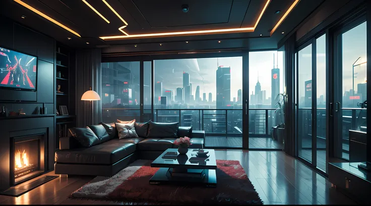 （（tmasterpiece）），（hyper-detailing），（Complicated details），（High resolution CGI artwork 8k），A futuristic cyberpunk living room。Large windows for balcony floor-to-ceiling windows，Busy and colorful、Detailed cyberpunk cityscape。Futuristic style，There are many c...