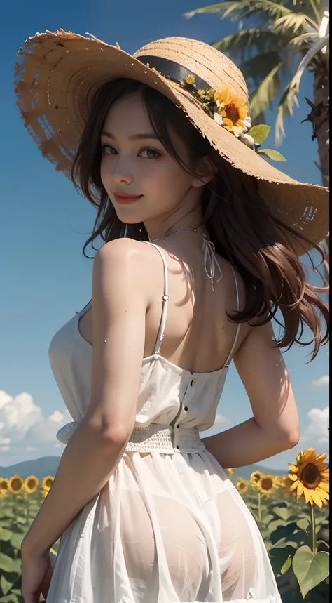 Unbeatable masterpiece, Ultra photo realsisim, Perfect artwork, Intricate details, Best quality, Strong light,High contrast,  Sunflower field , cute kawaii girls ,(Sweat:0.5) , arms back behind , White knee-length camisole dress , Straw hat , Smile,Strong ...