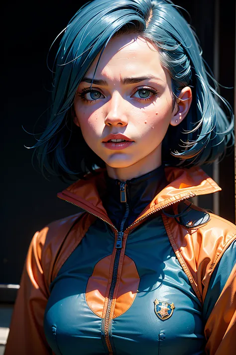 a girl dressed in military regalia with blue hair, in the style of auto-destructive art, clowncore, dc comics, emphasizes emotion over realism, light azure and orange, high-contrast realism, happycore