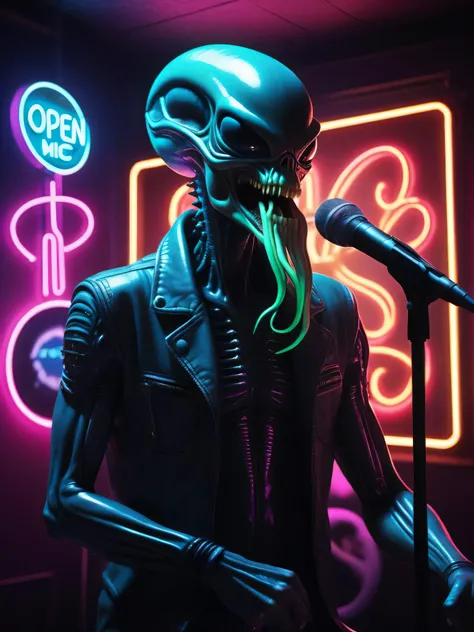 Style: Neon Punk, 👽 alien xenomorph squid reptilian gray; singing karaoke 🎤 🎶; ((( neon sign words "open mic night"))) , on the improve stage, detailed 3060 era night club. 200 mp photograph , golden ratio , masterpiece.