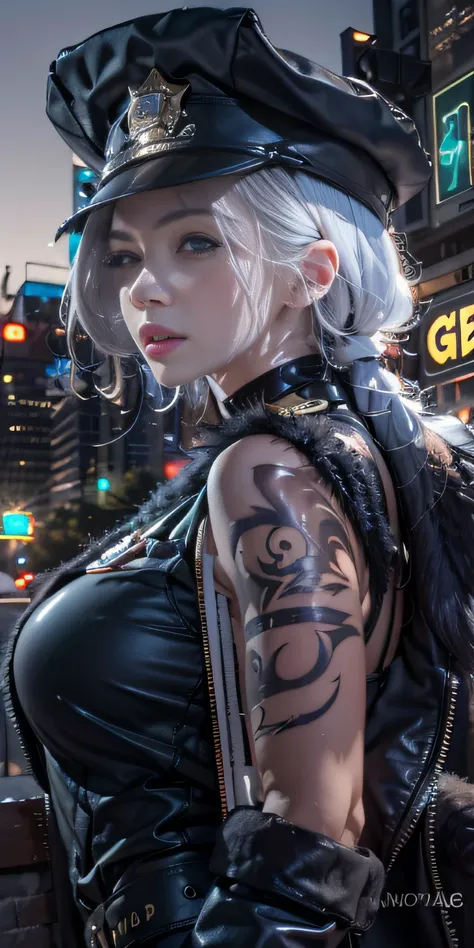 photorealistic, high resolution, soft light,1womanl, solo, hips up, (detailed face),tattoo, jewelry, night city, police uniform,...