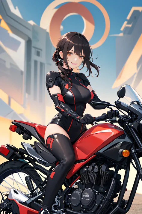 Cybernetic arm and glowing cyber girl,(Sheer and revealing costumes:1.3, ),(Cyber girl riding in the sky on colorful custom-painted motorcycle:1.3), Glossy light brown and orange striped shorthair,Cute smile,Perfect round face,A cheerful smile that makes t...