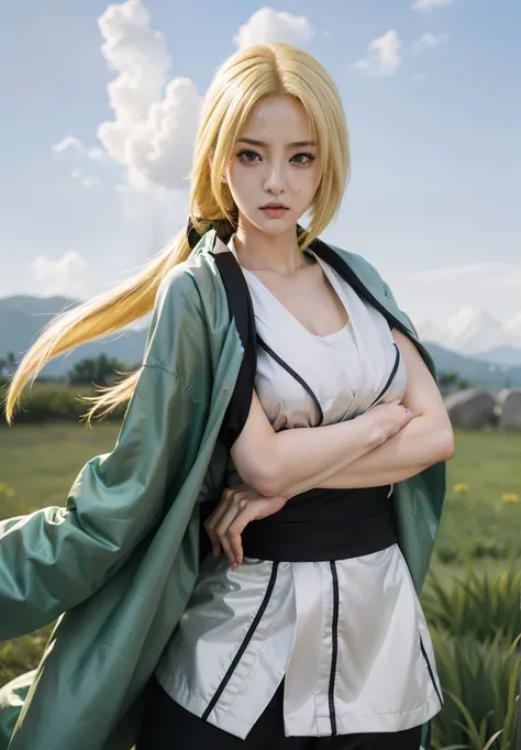 real Life adaption of this character,her name is Tsunade senju from anime naruto ,hyper realistic ,very realistic detailed yellow hair, high resolution, photorealistic,very detailed,very realistic outfit, Japanese face,detailed shining eyes, calm expressio...