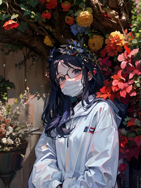 (masterpiece:1.3), best quality, official art, magazine cover, ultra detailed, 1girl, 1980s (style),there is a woman wearing a mask and white coat, wearing a hoodie, wearing dark glasses, wearing a mask, aesthetic lofi girl, aesthetic, wearing a plant resp...