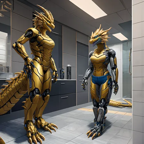 Bionic Mechanical Dragon，Golden Dragon，female，Humanoid，Wear blue shorts，Standing on the porcelain floor of the apartment。HD graphics，Detailed and realistic，high detal，high qulity