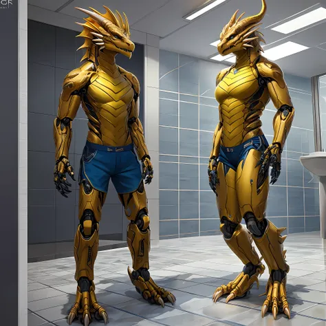 Bionic Mechanical Dragon，Golden Dragon，female，Humanoid，Wear blue shorts，Standing on the porcelain floor of the apartment。HD graphics，Detailed and realistic，high detal，high qulity