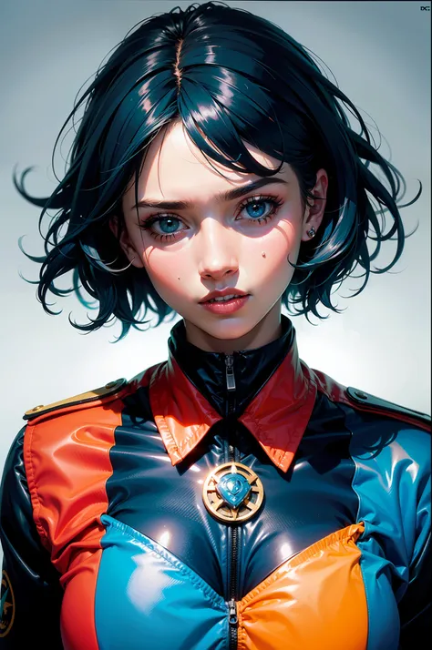 a girl dressed in military regalia with blue hair, in the style of auto-destructive art, clowncore, dc comics, emphasizes emotion over realism, light azure and orange, high-contrast realism, happycore