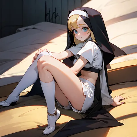 The nun wears white stockings and an extra-high slit miniskirt，Bandeau dress