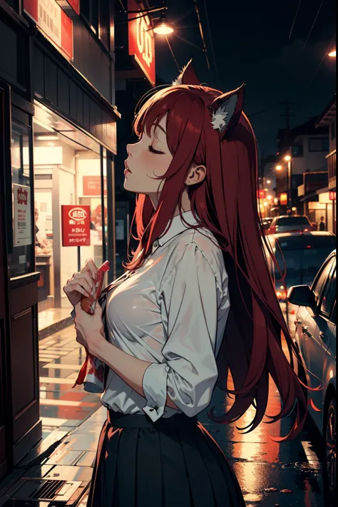 1girl ,The shirt,Blouse,skirt,red hair,long hair,Red Cat ears,rain,night, closed eyes,kiss,solo,front view