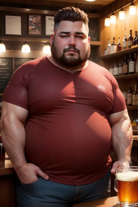 description: Make a man with obesity

Features: Esse homem deve estar usando roupa vermelha.

scenecy: He must be inside a bar

Share: Hes drinking beer

Quality: Foto ultra realista, qualidade 8k, fullhd