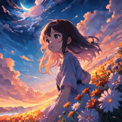 masterpiece, best quality, movie still, 1girl, cloud girl, floating in the sky, close-up, bright, happy, warm soft lighting, sunset, flowers background, lanscape with darkshadow (sparks:0.7)