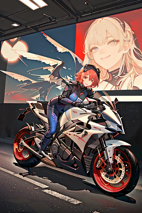 Cybernetic arm and glowing cyber girl,(Sheer and revealing costumes:1.3, ),(Cyber girl riding colorful custom painted motorcycle:1.3), Glossy light brown and orange striped shorthair,Cute smile,Perfect round face,A cheerful smile that makes the viewer happ...