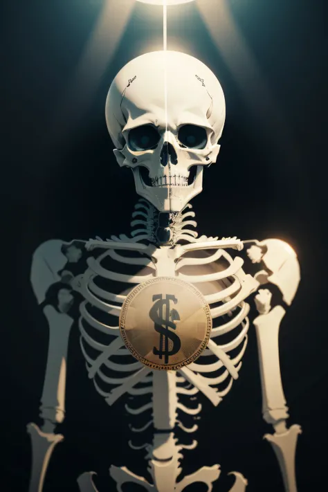 Create a skeleton with money signs in its eyes and a halo over his head