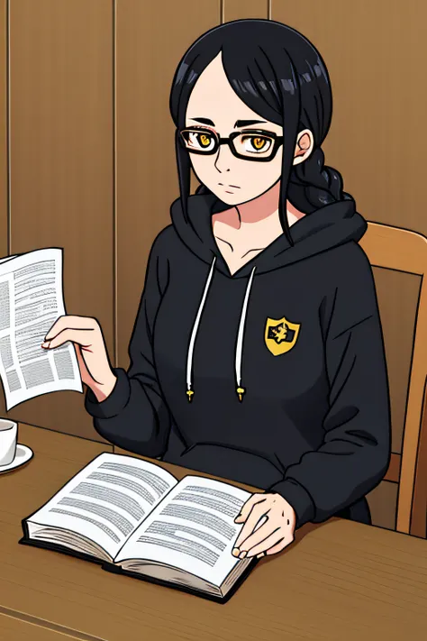 1 girl with black hair, braided hair on both sides, wearing glasses, wearing a hoodie, wearing a dark brown jacket over it, wearing a pair of black pants for easy exercise, a calm face sitting Writing a book on a wooden table, there is a mole under the rig...