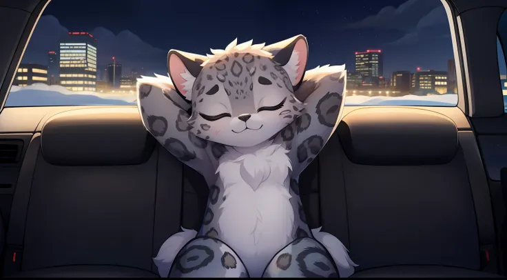 Furry mascot，Lovely image，A gray snow leopard，No clothes， Cute little animals fluffy，Black furry furry fur，Cute little animals，Fluffy tail，In the back seat，Sitting alone in the car，sit on chair，The view from the car window，On the city highway，full of light...