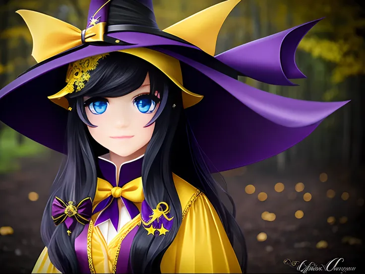 1 girl, She gas long hair ,dark blue purple eyes, a black robe , a witchs hat ,a yellow bow tied around her chest, and a brooch symbolizing a witch --auto