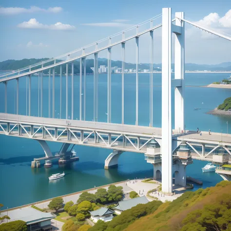 The Arafed Bridge spans the water，There are a lot of trees, japan shonan enoshima, soaring towers and bridges, aomori japan, okinawa japan, author：Tan Yang Kano, chiba prefecture, beautiful iwakura, Takahashi，city on top, beautiful high resolution, kanagaw...