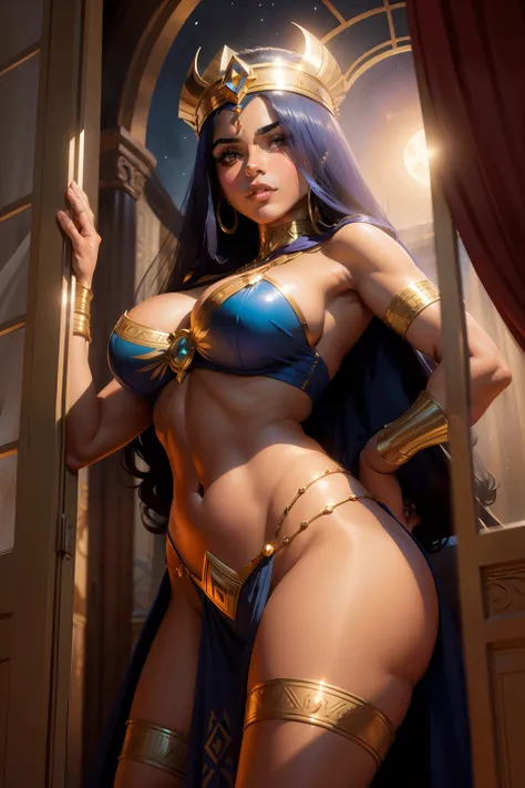 Arte detalhista estilo John Buscema, cleopatrah,the princess of the Nile stands in front of the window of her chambers enjoying the moonlight, voluptuosa, sedutora, Egito antigo, muito linda, seios grandes