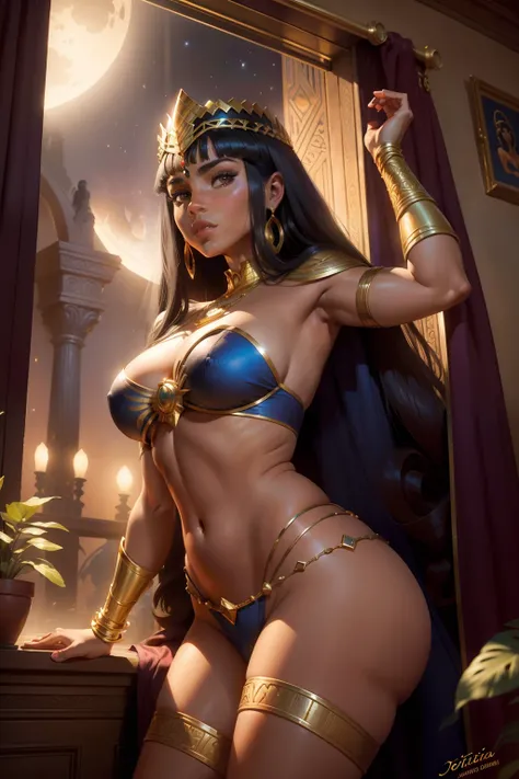 Arte detalhista estilo John Buscema, cleopatrah,the princess of the Nile stands in front of the window of her chambers enjoying the moonlight, voluptuosa, sedutora, Egito antigo, muito linda, seios grandes